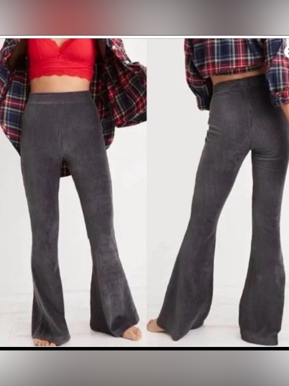 NEW Aerie Groove-On Ribbed Velour Flare Pants Charcoal Gray Womens Medium